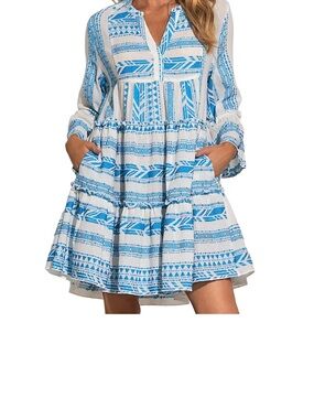 Elan Blue and White Long-Sleeve Tiered Dress